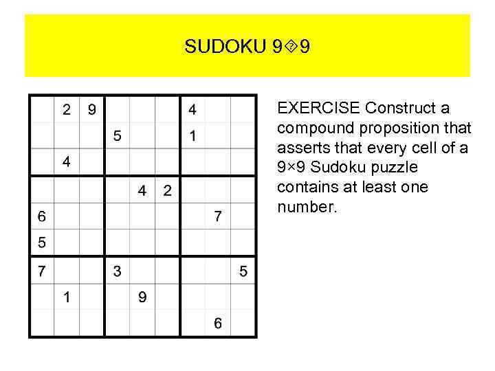 SUDOKU 9 9 EXERCISE Construct a compound proposition that asserts that every cell of