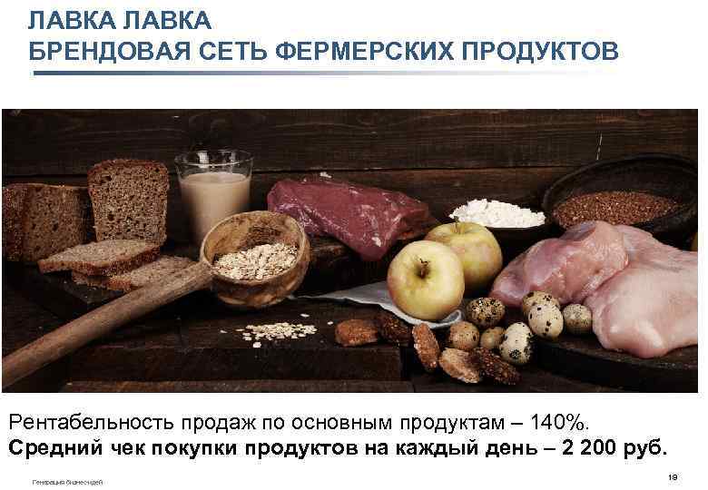 ЛАВКА БРЕНДОВАЯ СЕТЬ ФЕРМЕРСКИХ ПРОДУКТОВ Рентабельность продаж по основным продуктам – 140%. Средний чек