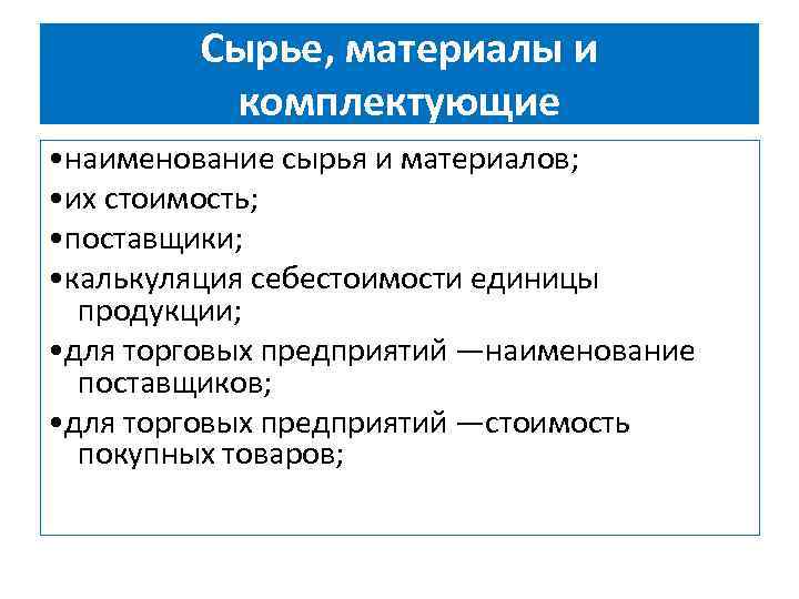 Сырье, материалы и комплектующие • наименование сырья и материалов; • их стоимость; • поставщики;