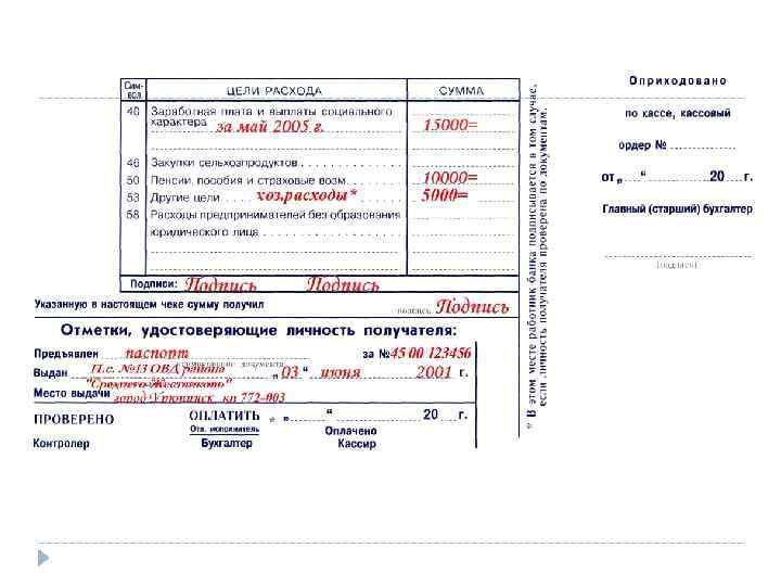 Заполнение чека на получение денежных средств из банка образец