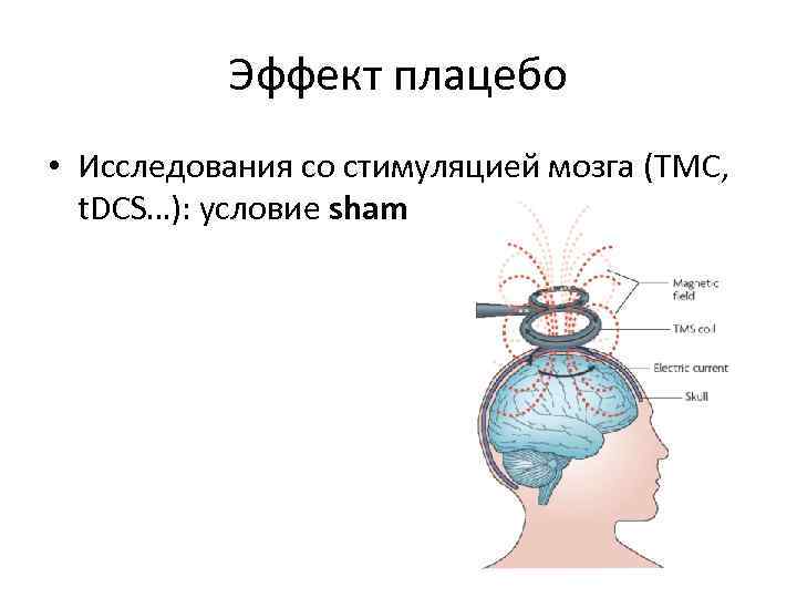 Эффект плацебо • Исследования со стимуляцией мозга (ТМС, t. DCS…): условие sham 
