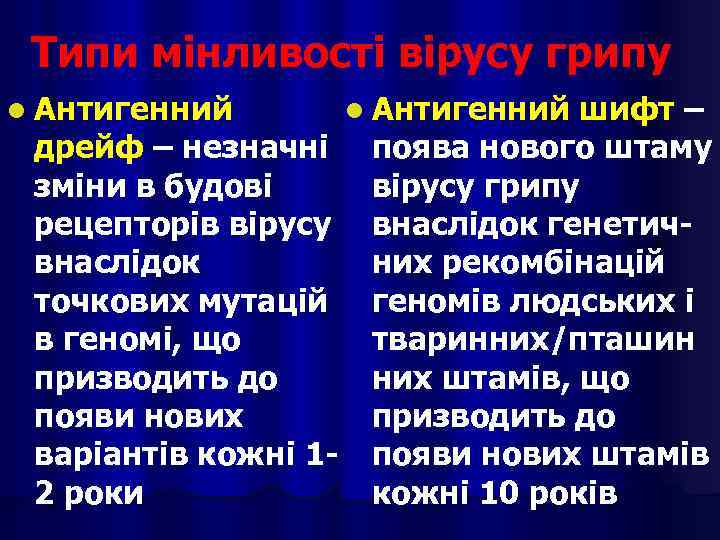 Типи мінливості вірусу грипу l Антигенний шифт – дрейф – незначні поява нового штаму