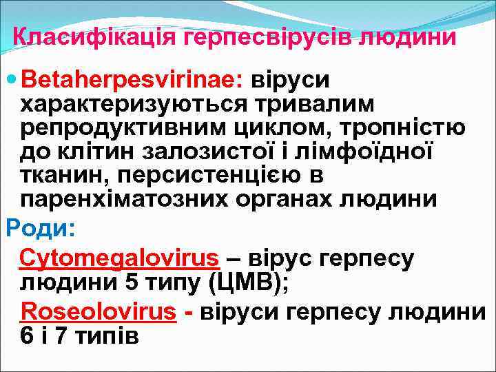 Класифікація герпесвірусів людини Betaherpesvirinae: віруси характеризуються тривалим репродуктивним циклом, тропністю до клітин залозистої і