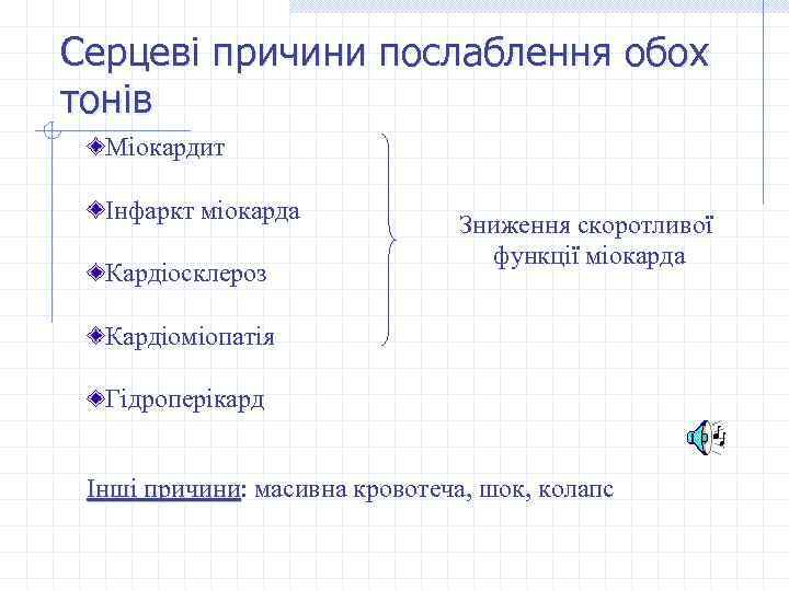 Серцеві причини послаблення обох тонів Міокардит Інфаркт міокарда Кардіосклероз Зниження скоротливої функції міокарда Кардіоміопатія