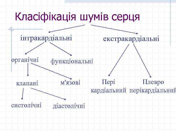 Класіфікація шумів серця інтракардіальні органічні екстракардіальні функціональні клапані м'язові систолічні діастолічні Пері Плевро кардіальний