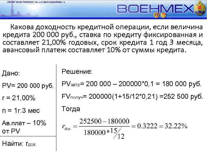 Какова доходность кредитной операции, если величина кредита 200 000 руб. , ставка по кредиту