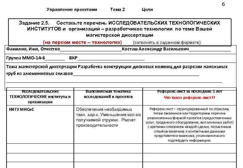  Управление проектами Тема 2 Цели 6 Задание 2. 5. Составьте перечень ИССЛЕДОВАТЕЛЬСКИХ ТЕХНОЛОГИЧЕСКИХ