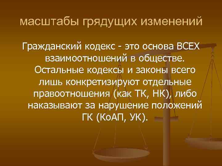 масштабы грядущих изменений Гражданский кодекс - это основа ВСЕХ взаимоотношений в обществе. Остальные кодексы