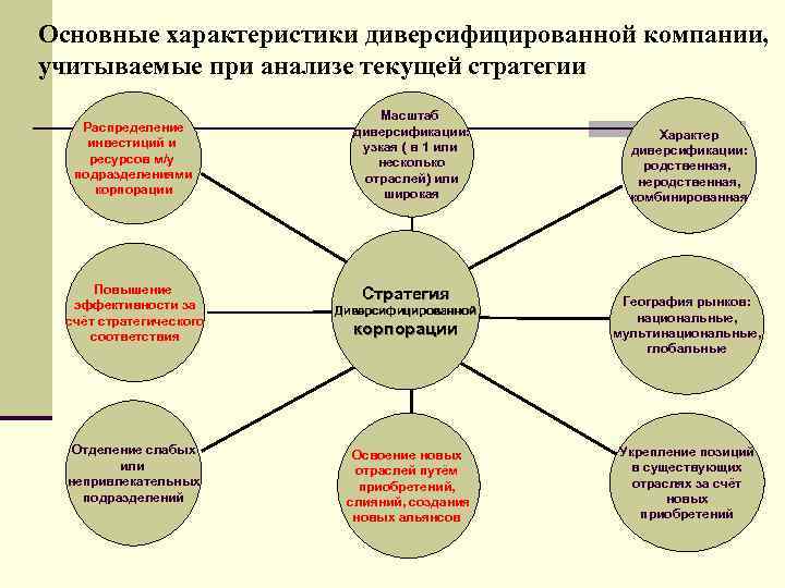 Основные характеристики диверсифицированной компании, учитываемые при анализе текущей стратегии Распределение инвестиций и ресурсов м/у