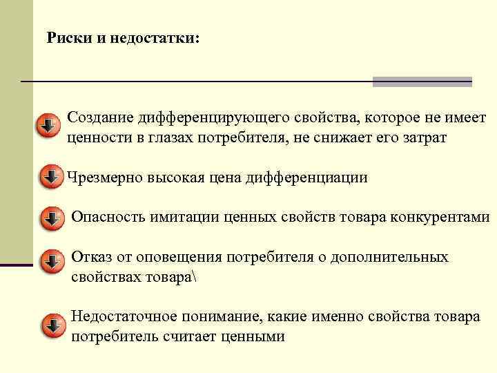 Риски и недостатки: Создание дифференцирующего свойства, которое не имеет ценности в глазах потребителя, не