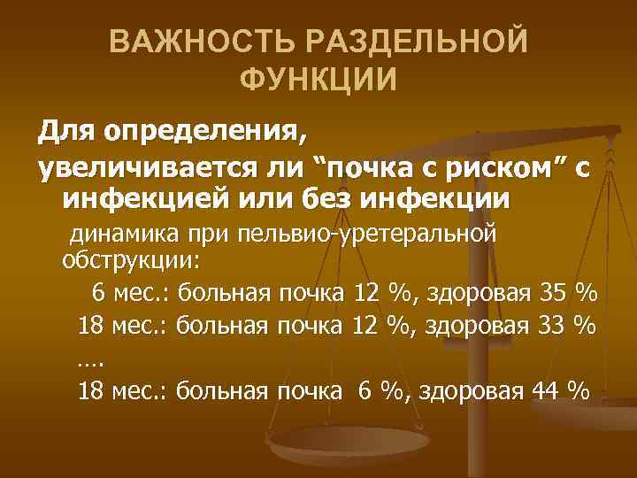 ВАЖНОСТЬ РАЗДЕЛЬНОЙ ФУНКЦИИ Для определения, увеличивается ли “почка с риском” с инфекцией или без