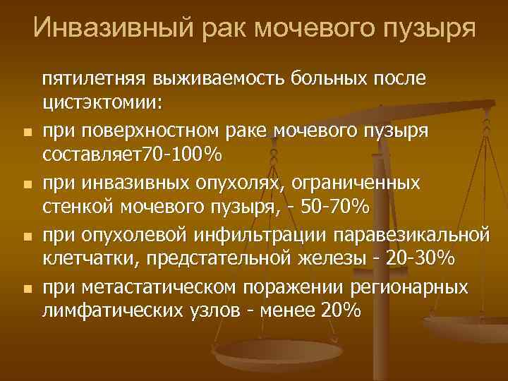 Инвазивный рак мочевого пузыря n n пятилетняя выживаемость больных после цистэктомии: при поверхностном раке