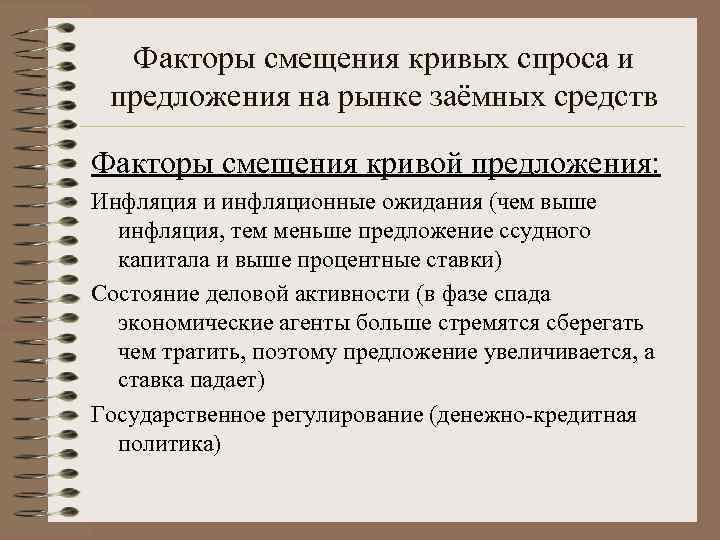 Факторы смещения кривых спроса и предложения на рынке заёмных средств Факторы смещения кривой предложения: