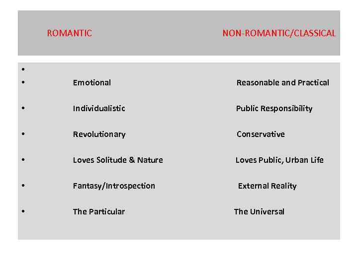 ROMANTIC NON-ROMANTIC/CLASSICAL • • Emotional Reasonable and Practical • Individualistic Public Responsibility • Revolutionary