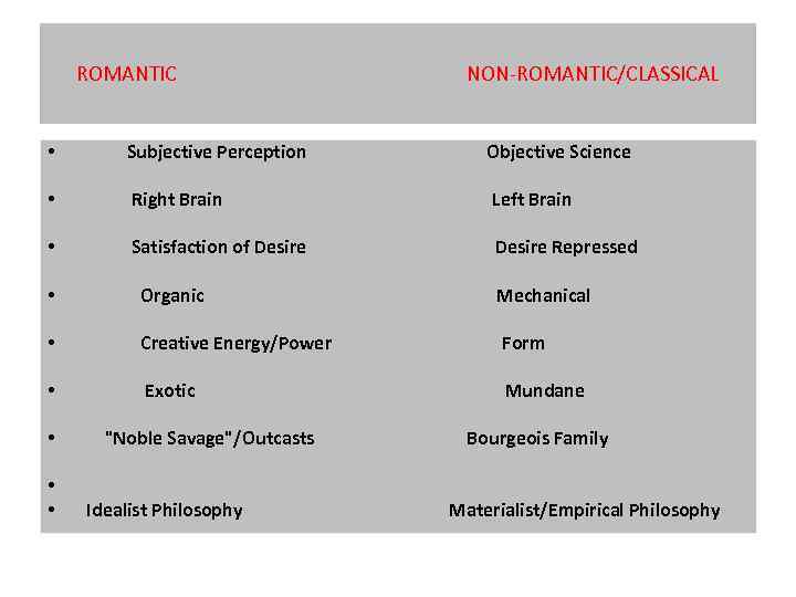 ROMANTIC NON-ROMANTIC/CLASSICAL • Subjective Perception Objective Science • Right Brain Left Brain • Satisfaction