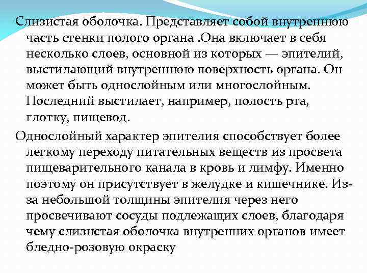 Слизистая оболочка. Представляет собой внутреннюю часть стенки полого органа. Она включает в себя несколько