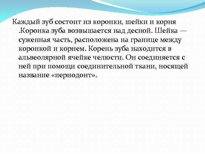 Каждый зуб состоит из коронки, шейки и корня. Коронка зуба возвышается над десной. Шейка