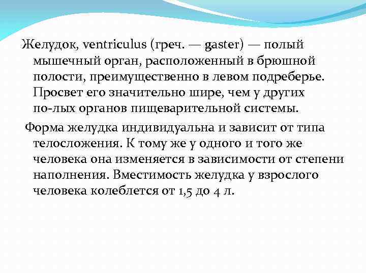 Желудок, ventriculus (греч. — gaster) — полый мышечный орган, расположенный в брюшной полости, преимущественно