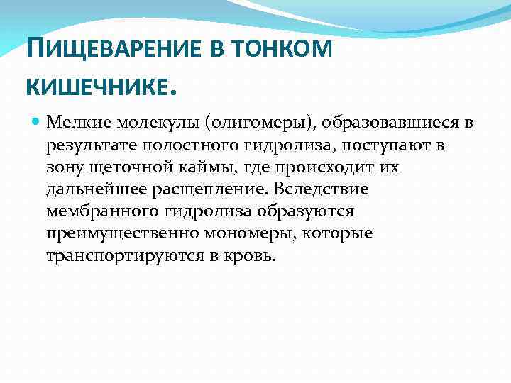 ПИЩЕВАРЕНИЕ В ТОНКОМ КИШЕЧНИКЕ. Мелкие молекулы (олигомеры), образовавшиеся в результате полостного гидролиза, поступают в