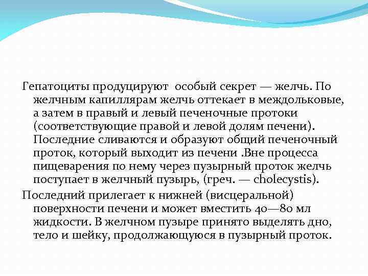 Гепатоциты продуцируют особый секрет — желчь. По желчным капиллярам желчь оттекает в междольковые, а