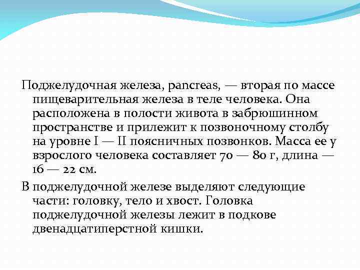 Поджелудочная железа, pancreas, — вторая по массе пищеварительная железа в теле человека. Она расположена