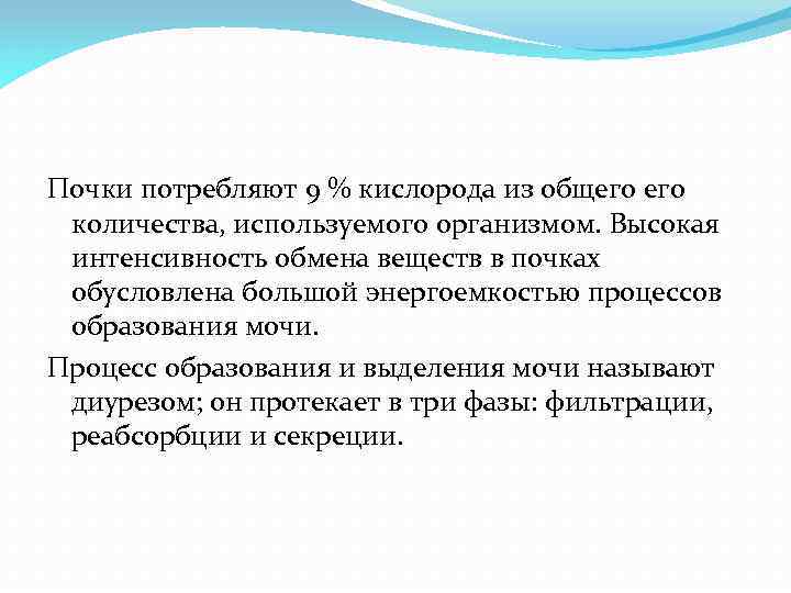 Почки потребляют 9 % кислорода из общего количества, используемого организмом. Высокая интенсивность обмена веществ