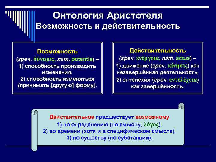 Онтология Аристотеля Возможность и действительность Возможность (греч. δύναμις, лат. potentia) – 1) способность производить