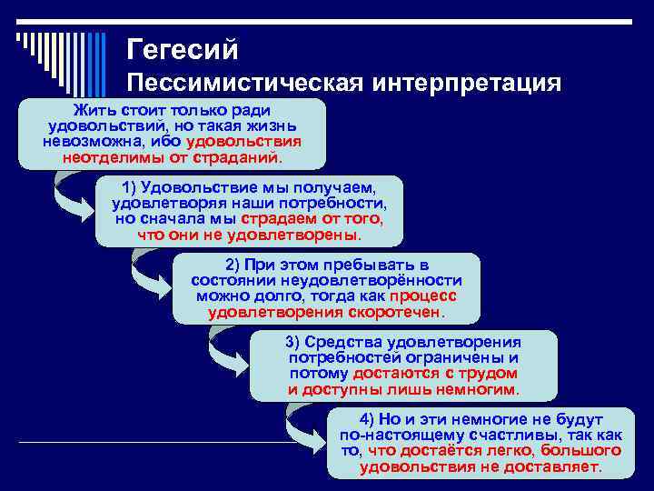 Гегесий Пессимистическая интерпретация Жить стоит только ради гедонизма удовольствий, но такая жизнь невозможна, ибо