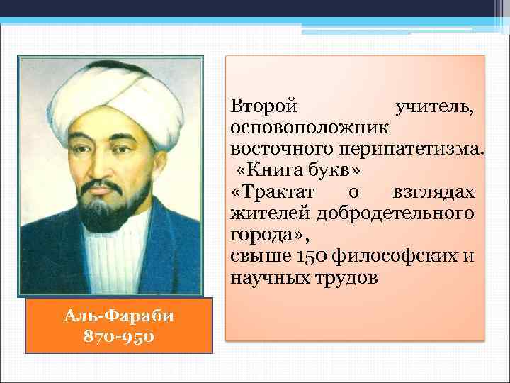 Второй учитель, основоположник восточного перипатетизма. «Книга букв» «Трактат о взглядах жителей добродетельного города» ,