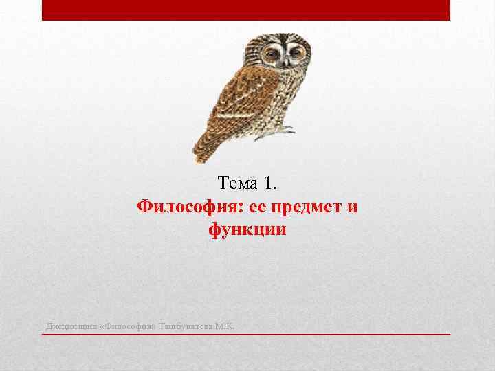 Тема 1. Философия: ее предмет и функции Дисциплина «Философия» Ташбулатова М. К. 