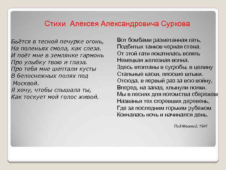 Стихи Алексея Александровича Суркова Бьётся в тесной печурке огонь, На поленьях смола, как слеза.