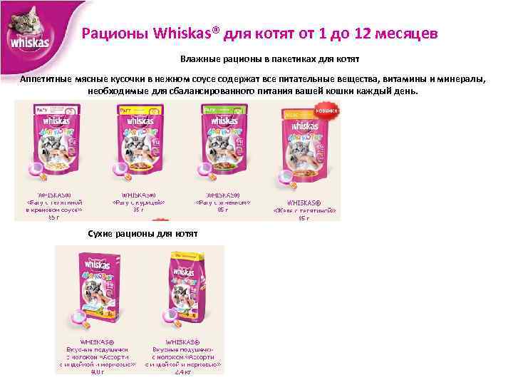 Рационы Whiskas® для котят от 1 до 12 месяцев Влажные рационы в пакетиках для