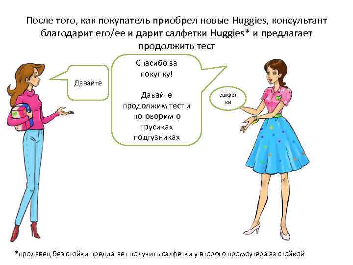 После того, как покупатель приобрел новые Huggies, консультант благодарит его/ее и дарит салфетки Huggies*