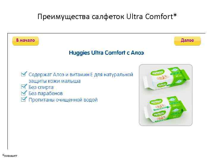 Преимущества салфеток Ultra Comfort* *планшет 