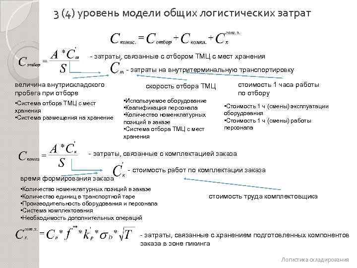 3 (4) уровень модели общих логистических затрат - затраты, связанные с отбором ТМЦ с