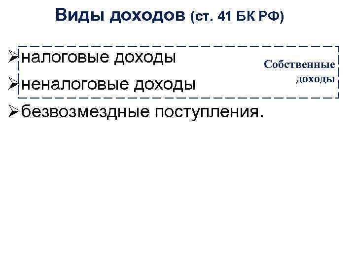 Виды доходов (ст. 41 БК РФ) Øналоговые доходы Øненалоговые доходы Собственные доходы Øбезвозмездные поступления.