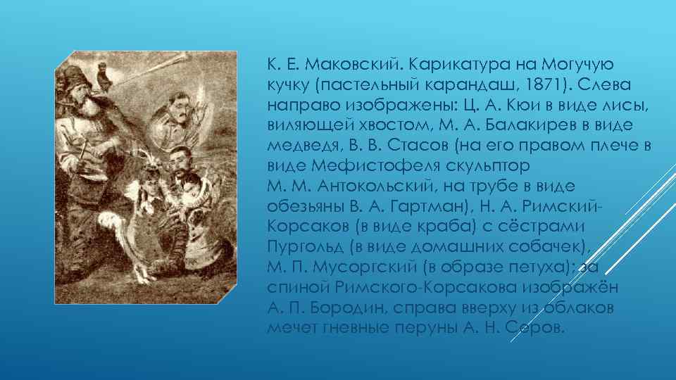 К. Е. Маковский. Карикатура на Могучую кучку (пастельный карандаш, 1871). Слева направо изображены: Ц.