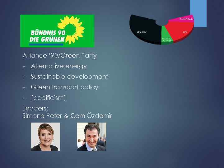 Alliance ‘ 90/Green Party + Alternative energy + Sustainable development + Green transport policy