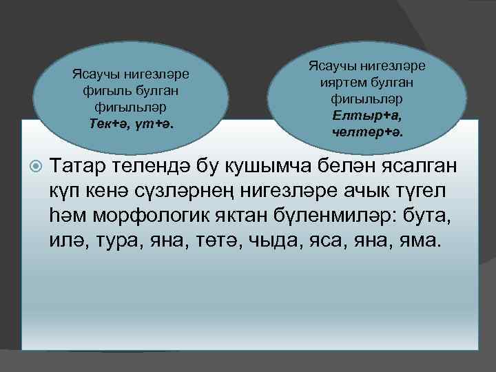 Ясаучы нигезләре фигыль булган фигыльләр Тек+ә, үт+ә. Ясаучы нигезләре ияртем булган фигыльләр Елтыр+а, челтер+ә.