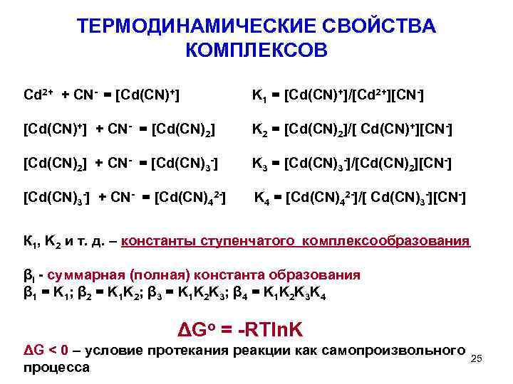 ТЕРМОДИНАМИЧЕСКИЕ СВОЙСТВА КОМПЛЕКСОВ Cd 2+ + CN- = [Cd(CN)+] K 1 = [Cd(CN)+]/[Cd 2+][CN-]