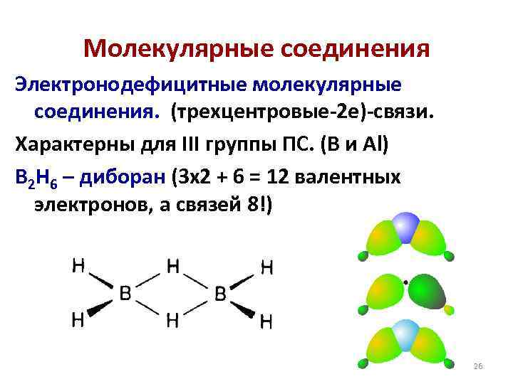Молекулярные соединения Электронодефицитные молекулярные соединения. (трехцентровые-2 е)-связи. Характерны для III группы ПС. (B и
