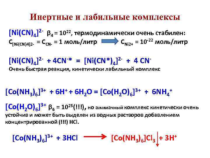 Инертные и лабильные комплексы [Ni(CN)4]2 - β 4 = 1022, термодинамически очень стабилен: C[Ni(CN)4]2