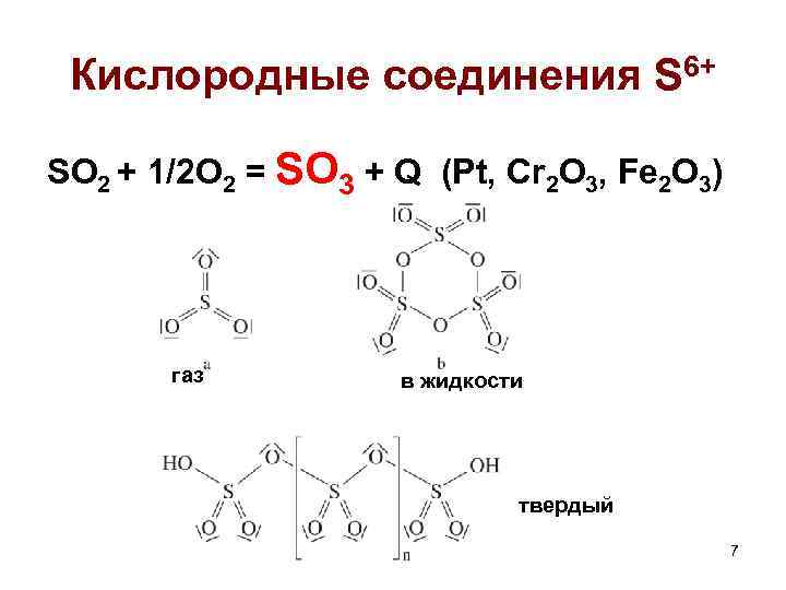 Кислородные соединения S 6+ SO 2 + 1/2 O 2 = SO 3 +