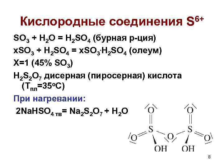 Кислородные соединения S 6+ SO 3 + H 2 O = H 2 SO