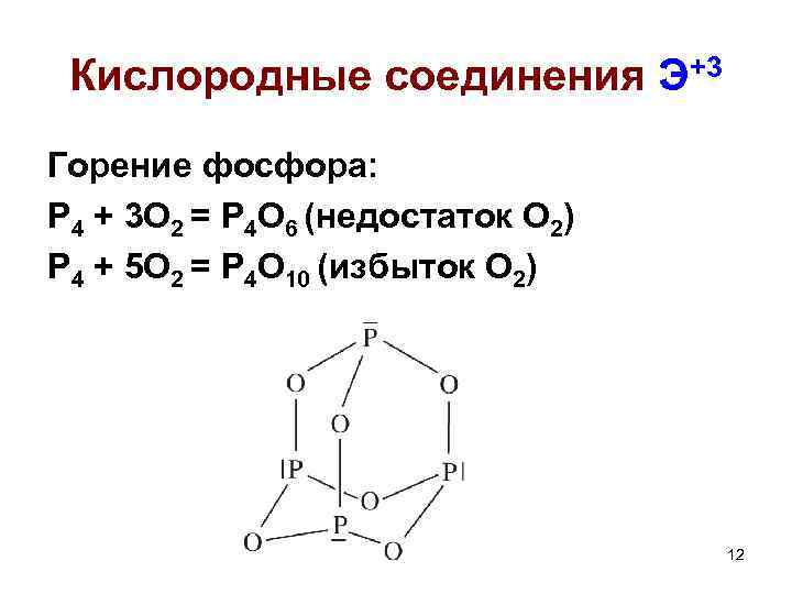 Кислородные соединения Э+3 Горение фосфора: Р 4 + 3 О 2 = Р 4