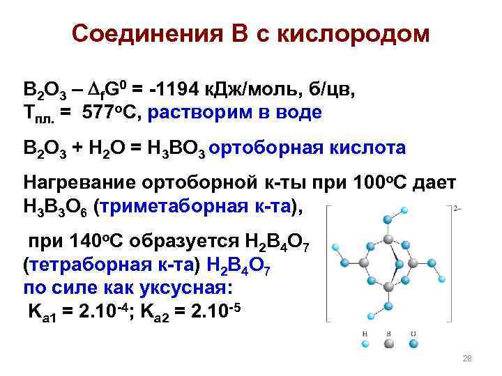 Соединения В с кислородом B 2 O 3 – f. G 0 = -1194