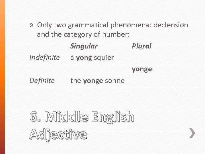 » Only two grammatical phenomena: declension and the category of number: Singular Plural Indefinite