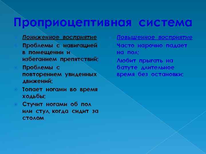 Проприоцептивная система Пониженное восприятие Проблемы с навигацией в помещении и избеганием препятствий; Проблемы с