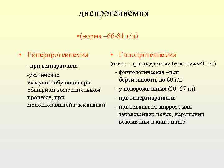 диспротеинемия • (норма – 66 -81 г/л) • Гиперпротеинемия - при дегидратации • Гипопротеинемия