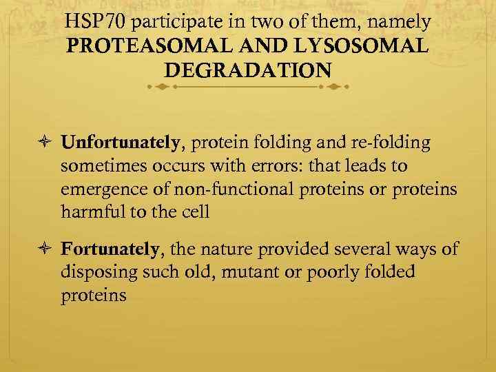 HSP 70 participate in two of them, namely PROTEASOMAL AND LYSOSOMAL DEGRADATION Unfortunately, protein